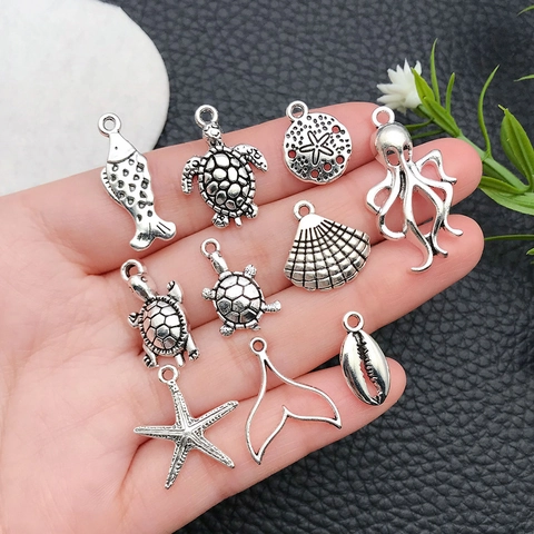 Antique Silver Zinc Alloy Ocean Pendants Sea Star Seahorse Turtle Dolphin Octopus Shell Charms For DIY Jewelry Accessories