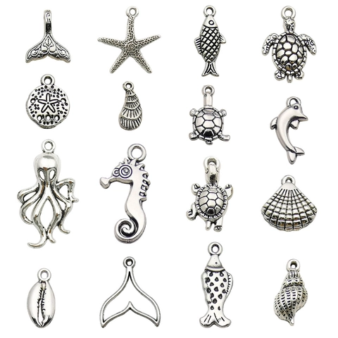 Antique Silver Zinc Alloy Ocean Pendants Sea Star Seahorse Turtle Dolphin Octopus Shell Charms For DIY Jewelry Accessories