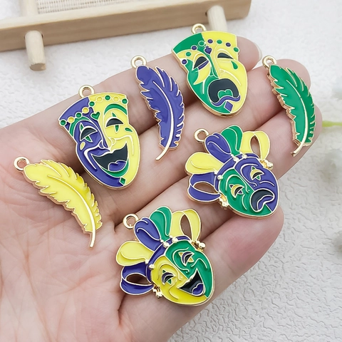 Mardi Gras Alloy Pendants Set Enamel Drip Oil Mask Feather Charms For DIY Necklace Bracelet Jewelry Making Accessories