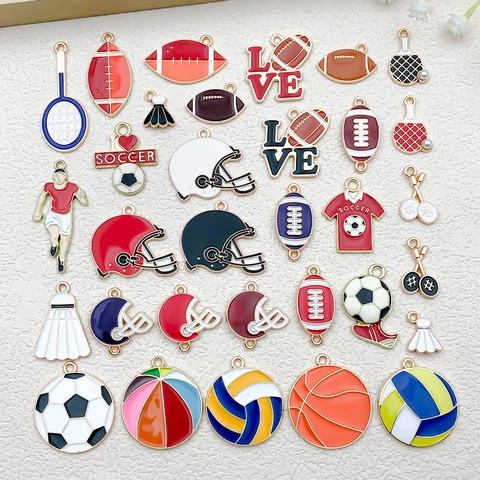 DIY Zinc Alloy Enamel Sports Pendants Soccer Basketball Baseball Volleyball Helmet Charms For Jewelry Making Keychain Accessories