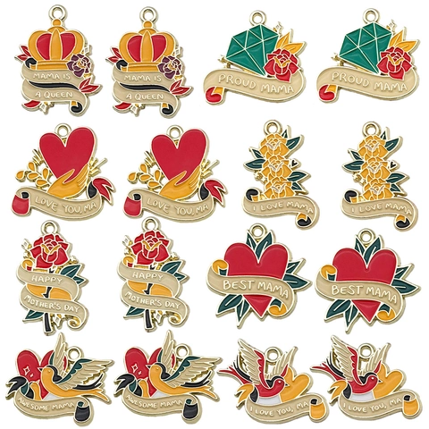 Mother's Day Enamel Alloy Charms Set Best Mama Heart Rose Crown Pendants For DIY Jewelry Making Keychain Necklace Accessories