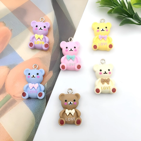 Breloques Ours en Résine Dessin Animé Avec Nœud Et Inscription Love Pour Fabrication de Bijoux DIY Porte-Clés Boucles d'Oreilles