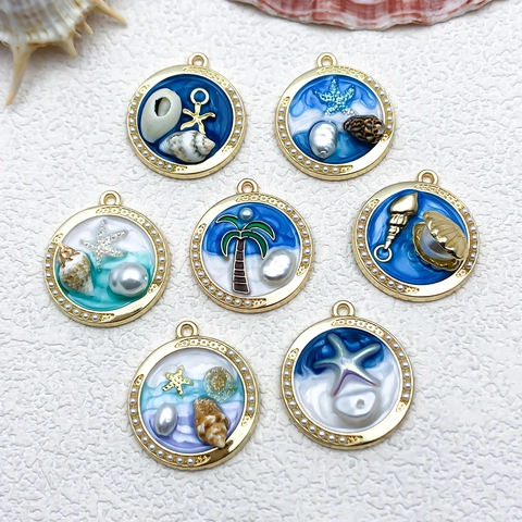 Marine Theme Starfish Shell Alloy Enamel DIY Pendants Oil Painting Style Artificial Pearl Charms For Jewelry Making Women