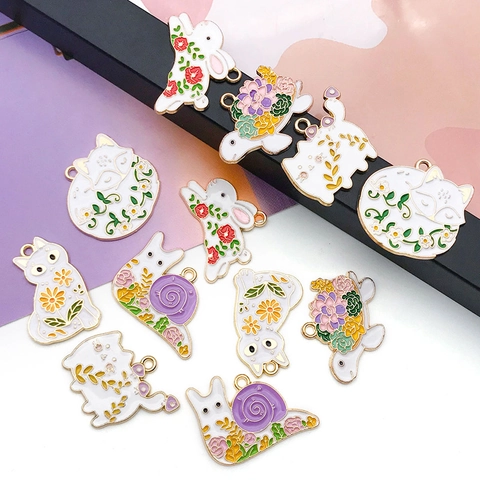 Zinc Alloy Enamel Animal Flower Charms For DIY Jewelry Making Fox Cat Rabbit Turtle Snail Pendants For Necklace Earrings