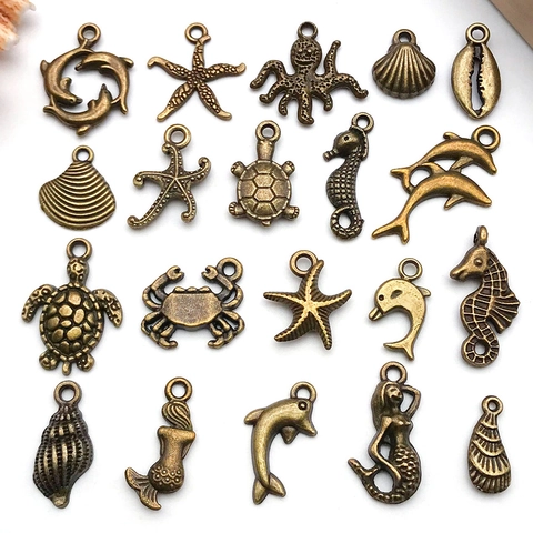 Ocean Series Alloy Pendants Marine Life Charms Starfish Shell Dolphin Turtle Seahorse Mermaid For DIY Jewelry Making Bracelet Necklace Antique Bronze Silver Craft Accessories