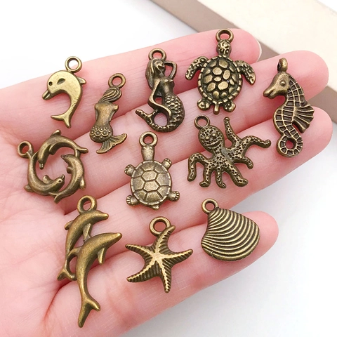 Ocean Series Alloy Pendants Marine Life Charms Starfish Shell Dolphin Turtle Seahorse Mermaid For DIY Jewelry Making Bracelet Necklace Antique Bronze Silver Craft Accessories