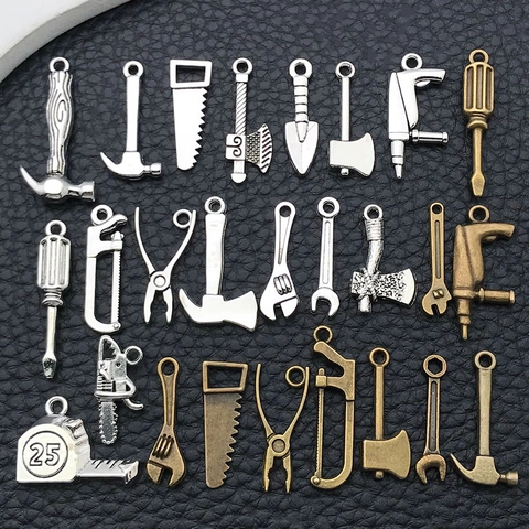 Vintage Alloy Mini Tool Charms For Jewelry Making DIY Antique Silver Bronze Hammer Wrench Saw Axe Pendants Keychain Accessories