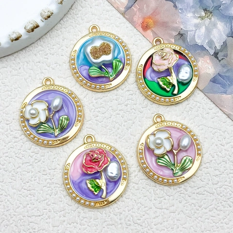 Vintage French Enamel Flower Pendant Alloy Oil Dripping DIY Jewelry Accessories For Necklace Earrings Making Women Gift