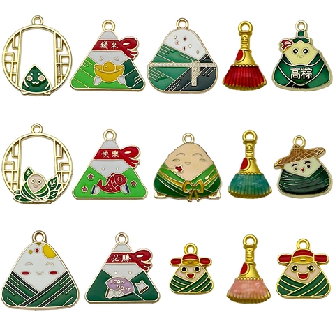 Cartoon Drakenbootfestival Legering Emaille Hangers Zongzi Bezem Geluksamulet Voor DIY Sieraden Maken Knutselbenodigdheden Sieraden Accessoires