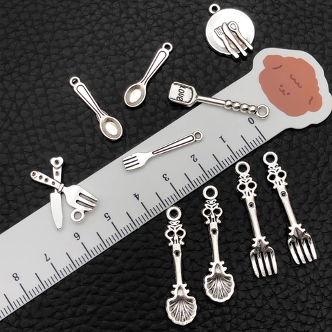 Antique Silver Zinc Alloy Mini Tableware Charms Fork Spoon Knife Spatula Shape Pendants For DIY Jewelry Making Accessories