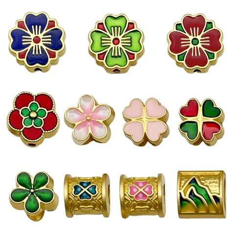 Perline Distanziatrici in Lega Smalto Stile Cinese Fiore di Ciliegio Paesaggio Smalto a Goccia Accessori per Gioielli Fai-da-te