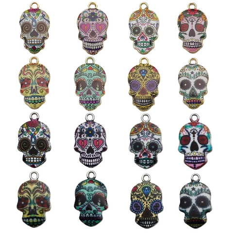 Pendentifs en Alliage de Zinc Émail de Crâne de Sucre d'Halloween Charmes de Crâne du Jour des Morts Colorés pour la Fabrication de Bijoux DIY