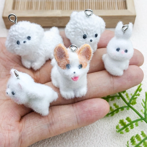Flocked Resin Animal Charms Cute Corgi Rabbit Bichon Samoyed Dog Pendants For DIY Keychain Jewelry Making Accessories