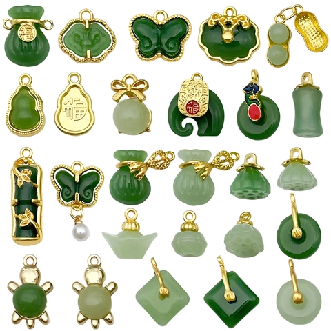 Chinese Style Imitation Jade Glass Pendants Zinc Alloy Charms For DIY Necklace Bracelet Lotus Bamboo Gourd Elephant