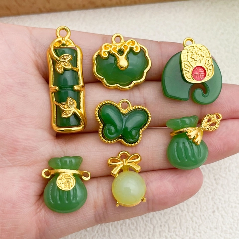 Chinese Style Imitation Jade Glass Pendants Zinc Alloy Charms For DIY Necklace Bracelet Lotus Bamboo Gourd Elephant