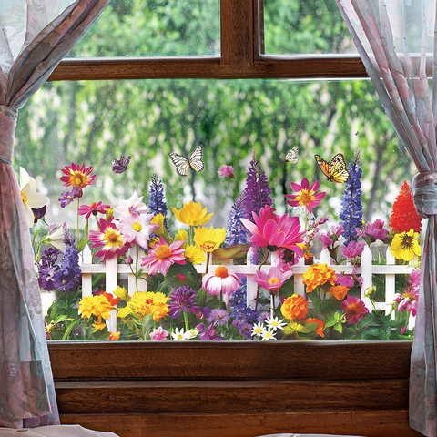 Pastoral Colorful Flower Butterfly Picket Fence PVC Window Sticker Self Adhesive Glass Decal For Home Kitchen Decor
