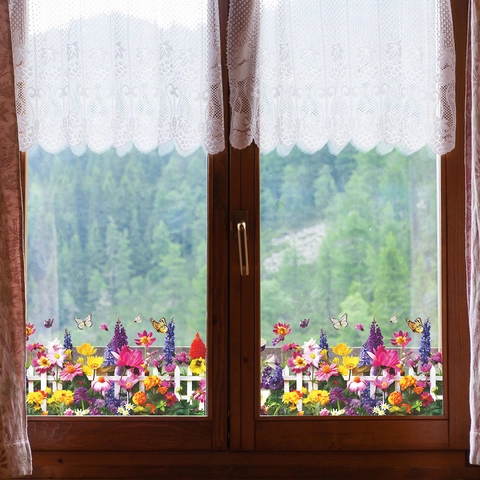 Pastoral Colorful Flower Butterfly Picket Fence PVC Window Sticker Self Adhesive Glass Decal For Home Kitchen Decor