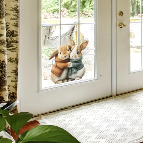 Simpatico Adesivo per Finestre Con Conigli Che Si Abbracciano Effetto Visivo 3D in PVC Impermeabile Adesivo Murale per Vetro Camera