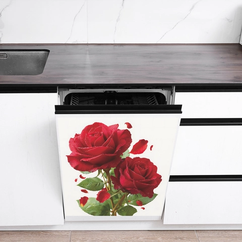 Realistische Rote Rose Spülmaschinen Aufkleber PVC Selbstklebend Wandtattoo Für Küchenschrank Schrank Home Dekoration Blume