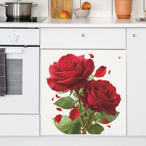 Realistische Rote Rose Spülmaschinen Aufkleber PVC Selbstklebend Wandtattoo Für Küchenschrank Schrank Home Dekoration Blume