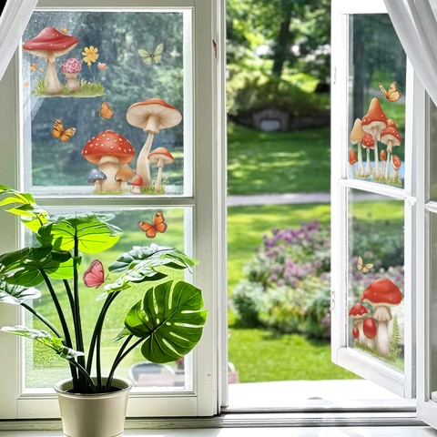 Adesivo da Parete con Funghi e Farfalle Decalcomania in PVC Rimovibile per Finestra della Camera dei Bambini Vetro Decorazione