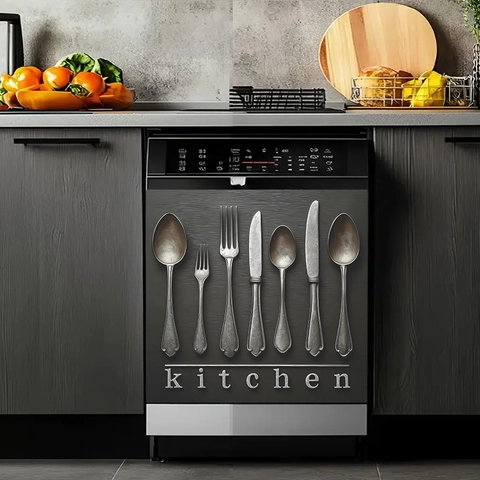 Sticker Lave-Vaisselle en PVC Texture Métal Brossé Moderne Autocollant Décoratif Cuisine Motif Couverts Rénovation Frigo