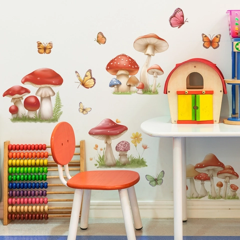 Adesivo da Parete con Funghi e Farfalle Decalcomania in PVC Rimovibile per Finestra della Camera dei Bambini Vetro Decorazione