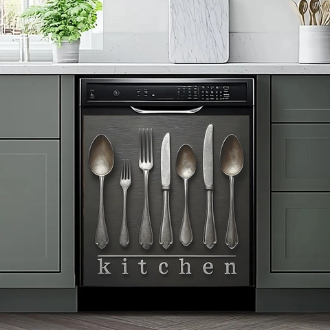 Sticker Lave-Vaisselle en PVC Texture Métal Brossé Moderne Autocollant Décoratif Cuisine Motif Couverts Rénovation Frigo