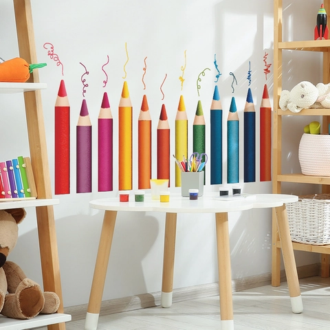 Adesivi da Parete in PVC Removibili con Motivo a Matite Colorate Decalcomanie d'Arte DIY per Cameretta Bambini Studio Casa