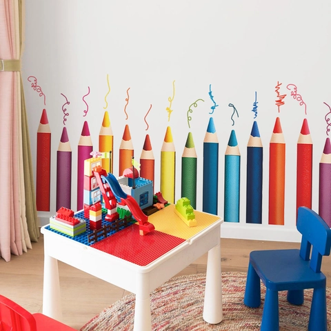 Adesivi da Parete in PVC Removibili con Motivo a Matite Colorate Decalcomanie d'Arte DIY per Cameretta Bambini Studio Casa