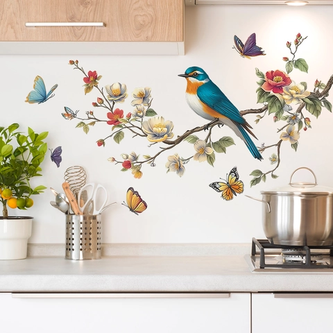 Branch Bird Flower Butterfly Wall Sticker PVC Decorative Decal For Living Room Bedroom Kitchen Removable Home Wall Decor