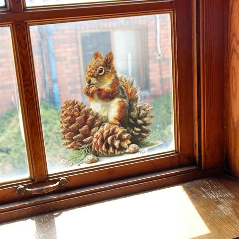 Realistisches Eichhörnchen Und Tannenzapfen Fensteraufkleber PVC Abnehmbares Wandtattoo Für Zuhause Küche Glasdeko Natur Wald Kunst