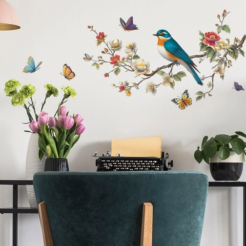 Branch Bird Flower Butterfly Wall Sticker PVC Decorative Decal For Living Room Bedroom Kitchen Removable Home Wall Decor