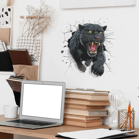 3D Schwarzer Panther Wanddurchbruch Wandaufkleber Modern PVC Wasserdicht Dekoratives Wandtattoo Für Wohnzimmer Schlafzimmer Zuhause