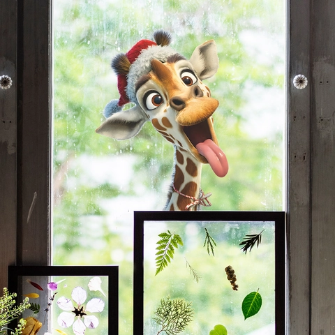 Adesivo da Parete Giraffa di Natale a Fumetti Divertente Decalcomania in PVC Rimovibile Simpatico Animale con Cappello