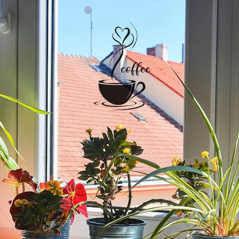 Modern Minimalist Black Coffee Cup Heart Wall Sticker For Kitchen Dining Room Glass Window Removable PVC Art Mural Home Decor