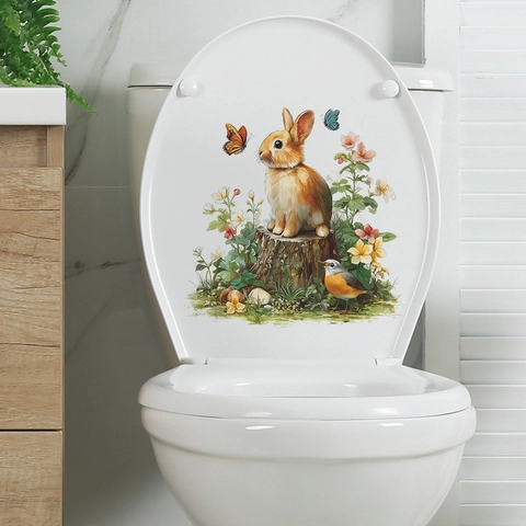 Vinilo Decorativo de Conejo y Flores Acuarela PVC Autoadhesivo para Ventanas de Vidrio y Paredes de Baño Hogar