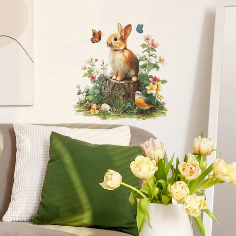 Vinilo Decorativo de Conejo y Flores Acuarela PVC Autoadhesivo para Ventanas de Vidrio y Paredes de Baño Hogar