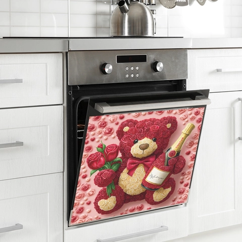Valentine's Day Rose Teddy Bear PVC Wall Sticker Self Adhesive Flower Bear Decoration For Fridge Dishwasher Kitchen Decor