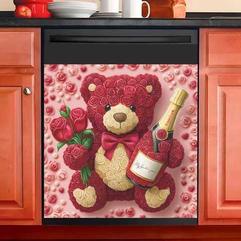 Valentine's Day Rose Teddy Bear PVC Wall Sticker Self Adhesive Flower Bear Decoration For Fridge Dishwasher Kitchen Decor