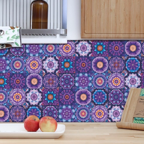 Adesivi per Piastrelle di Cristallo Viola Floreale Mandala Adesivi Murali in PVC Impermeabili per Arredamento Mobili Bagno Cucina