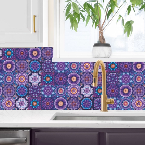 Adesivi per Piastrelle di Cristallo Viola Floreale Mandala Adesivi Murali in PVC Impermeabili per Arredamento Mobili Bagno Cucina