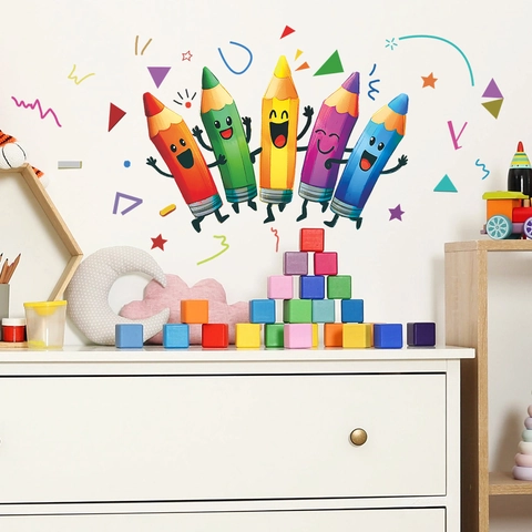 Cartoon Pencil Wall Stickers PVC Removable Self Adhesive Wall Decals For Kids Room Classroom Study Home Decor DIY Art