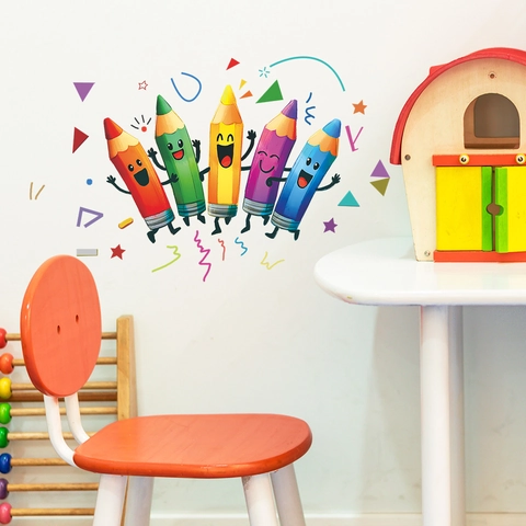 Cartoon Pencil Wall Stickers PVC Removable Self Adhesive Wall Decals For Kids Room Classroom Study Home Decor DIY Art