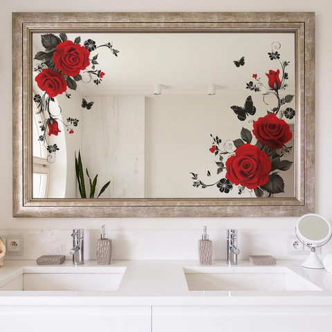 Romantic Red Rose Flower Wall Stickers PVC Waterproof Removable Floral Butterfly Wall Decals For Bedroom Bathroom Home Decor