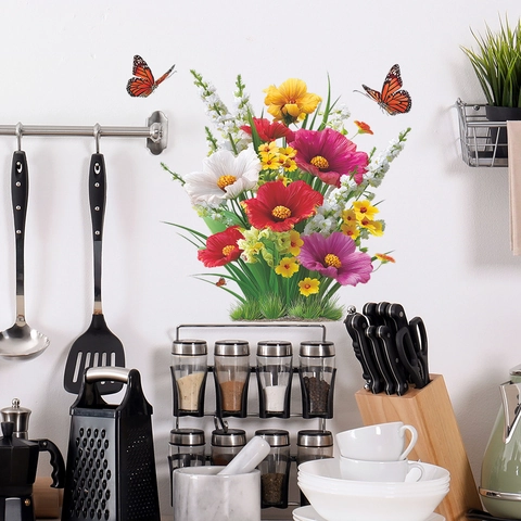 Adesivo da Parete Colorato con Fiori e Farfalle in PVC Autoadesivo per Bagno Cucina Soggiorno Decorazione Domestica Murale