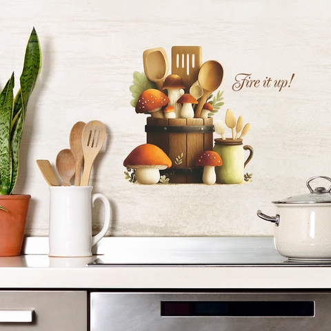 Mushroom Kitchen Utensil PVC Wall Sticker Fire It Up Waterproof Removable Home Decor Decal For Fridge Dining Room Wall Art