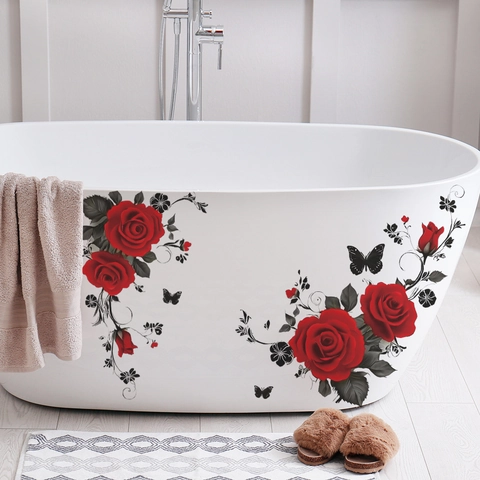 Romantic Red Rose Flower Wall Stickers PVC Waterproof Removable Floral Butterfly Wall Decals For Bedroom Bathroom Home Decor