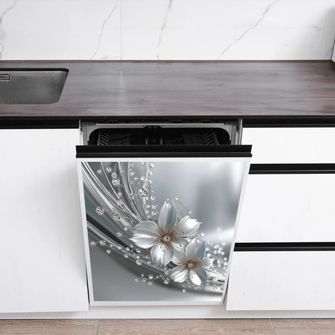 3D Reliëf Bloem Muursticker Met Zilveren Strass Zelfklevende PVC Sticker Voor Vaatwasser Oven Keuken Huis Decoratie