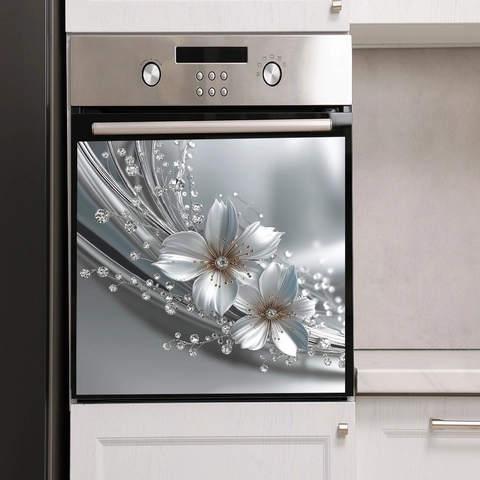 3D Reliëf Bloem Muursticker Met Zilveren Strass Zelfklevende PVC Sticker Voor Vaatwasser Oven Keuken Huis Decoratie